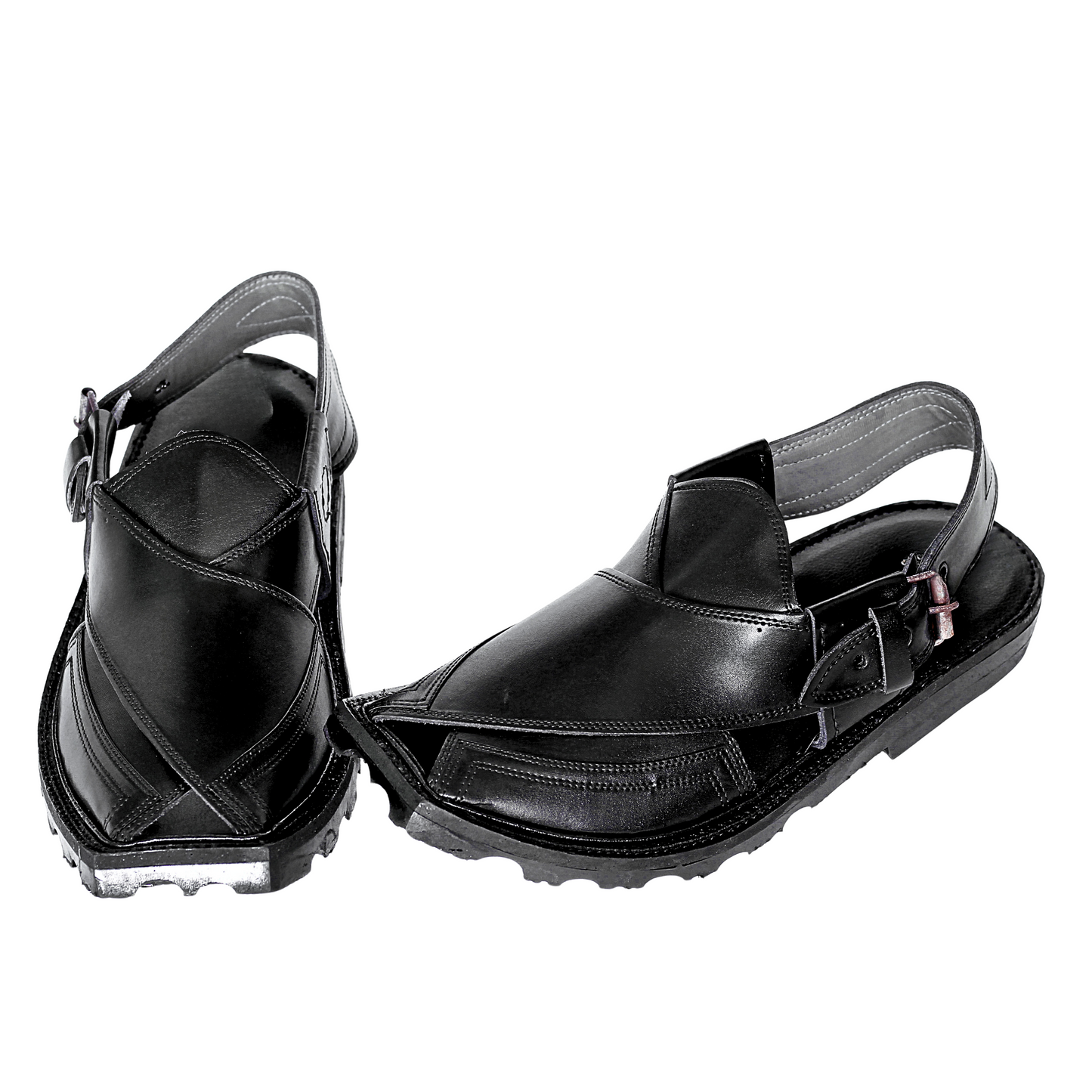 Premium Leather Peshawari Chappal - Jeep Sole - Black Shade