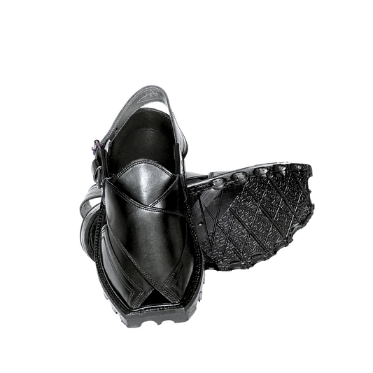 Premium Leather Peshawari Chappal - Jeep Sole - Black Shade